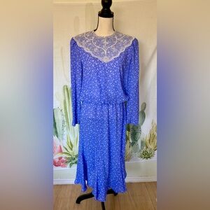 VTG 80s Blue Floral Lace Collar Dress